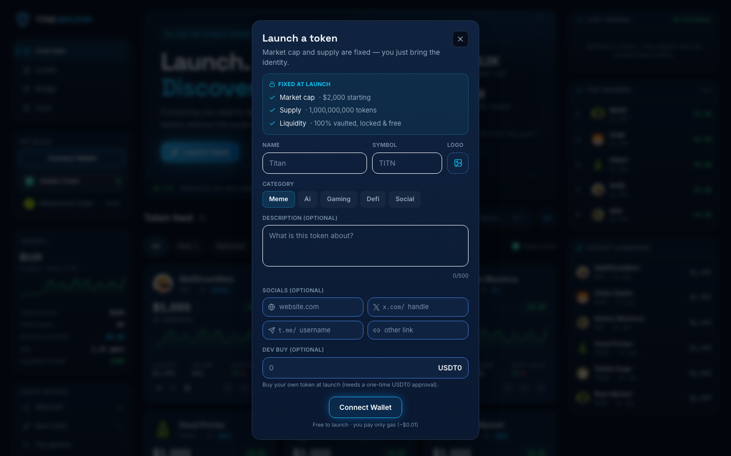 Titan Deployer 'Launch a token' form showing the fixed terms — $2,000 starting market cap, 1,000,000,000 supply, 100% vaulted liquidity — plus name, symbol, logo, category tag, optional description, social links, and optional dev buy fields