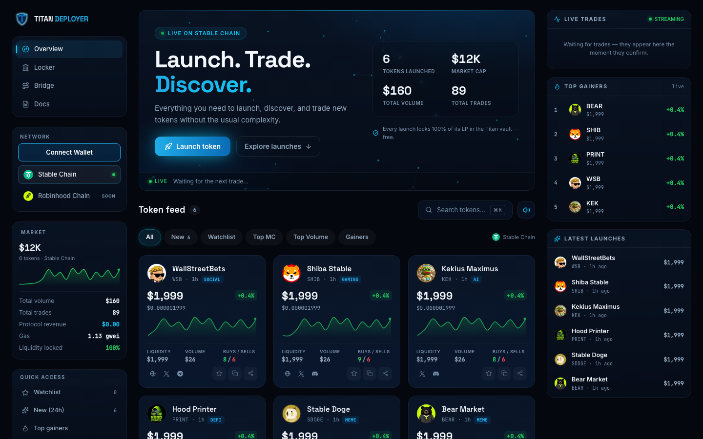 Titan Deployer terminal on Stable Chain — live token feed cards with 1-second sparklines, market stats sidebar, live-trades rail, and the Launch token button